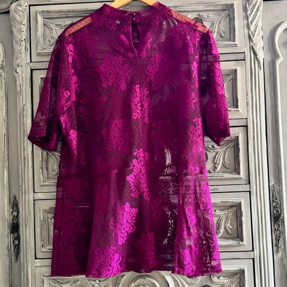 Ethereal Purple Lace Top Sz 22/24 Romantic Sheer Floral Mock Neck Fairy Blouse - Picture 4 of 9